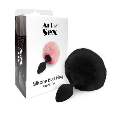 Силіконова анальна пробка М Art of Sex - Silicone Bunny Tails Butt plug, Чорна
