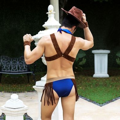 Чоловічий еротичний костюм ковбоя "Влучний Вебстер" S/M: хустка, портупея, труси, манжети, капелюх, Коричневый/синий