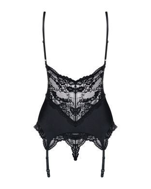 Сатиновый кружевной корсет Obsessive 810-COR-1 babydoll & thong S/M, черный, корсет, танга