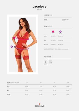 Прозорий корсет Obsessive Lacelove corset XS/S Red, мереживо, підв&rsquo;язки для панчіх