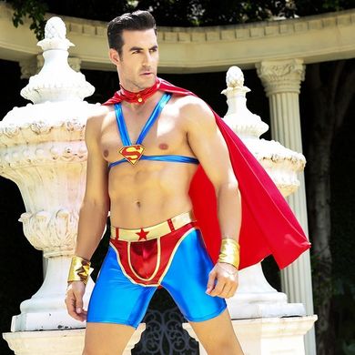 Чоловічий еротичний костюм супермена "Готовий на все Стів" S/M: плащ, портупея, шорти, манжети, Синий/красный