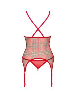 Корсет Obsessive Jollymore corset, XS/S, в клетку, с кружевом, пажи для чулок, стринги в комплекте